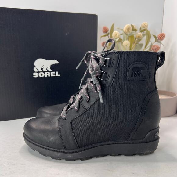 Sorel Evie II NW Lace Suede Bootie Waterproof Wedge Black Sea Salt Women's 9 - Picture 1 of 10